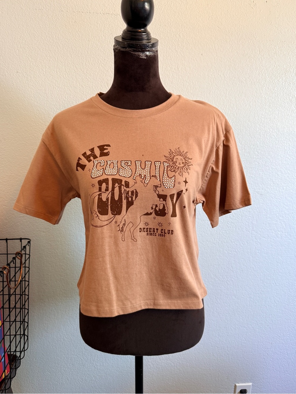 Graphic cosmic cowboy Desert Club Tan Crop Tee